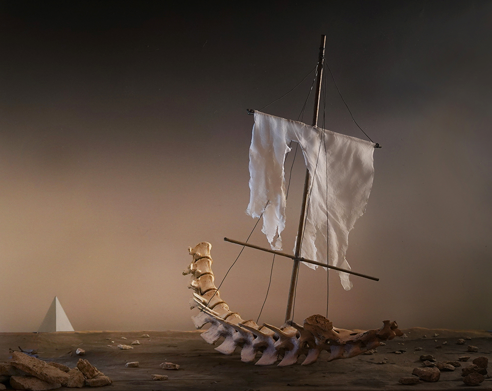 Surrealism, dream, ship, shipwreck, backbone, spine, vertebrae, run aground, pyramid, sail, dried up, surreal landscape